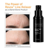 Revision Skincare Revox Line Relaxer pump bottle in black, shown next to a before-and-after skin texture comparison on the forehead of a 46-year-old subject.