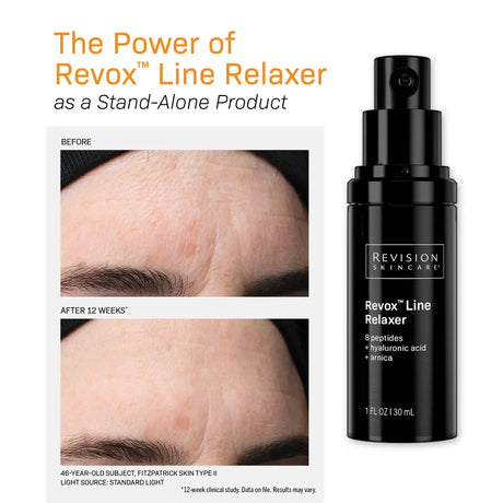 Revision Skincare Revox Line Relaxer pump bottle in black, shown next to a before-and-after skin texture comparison on the forehead of a 46-year-old subject.