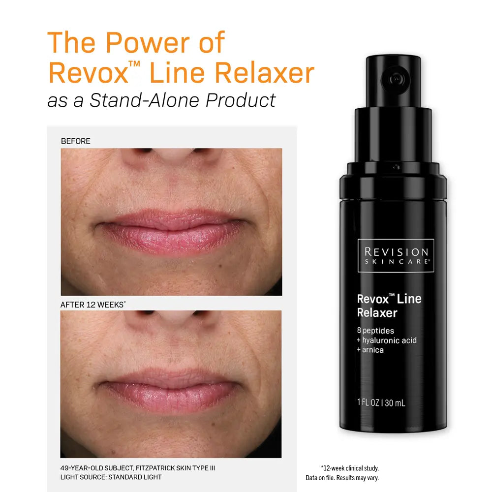 Revision Skincare Revox Line Relaxer pump bottle shown beside before-and-after lip close-ups demonstrating the cosmetic result. Text at the top reads 'The Power of Revox Line Relaxer as a Stand-Alone Product.