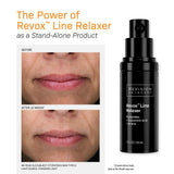Revision Skincare Revox Line Relaxer pump bottle shown beside before-and-after lip close-ups demonstrating the cosmetic result. Text at the top reads 'The Power of Revox Line Relaxer as a Stand-Alone Product.