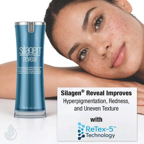 Silagen Reveal skincare product with a model and text about its benefits on a white background