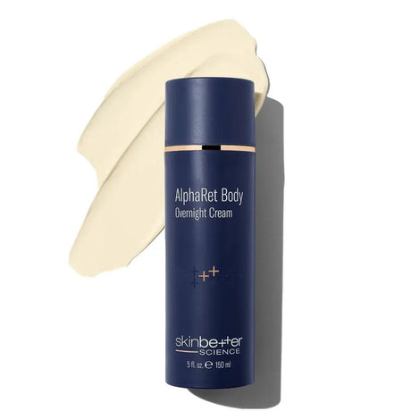 Blue bottle of AlphaRet Body Overnight Cream by skinbetter science with a beige towel on a white background