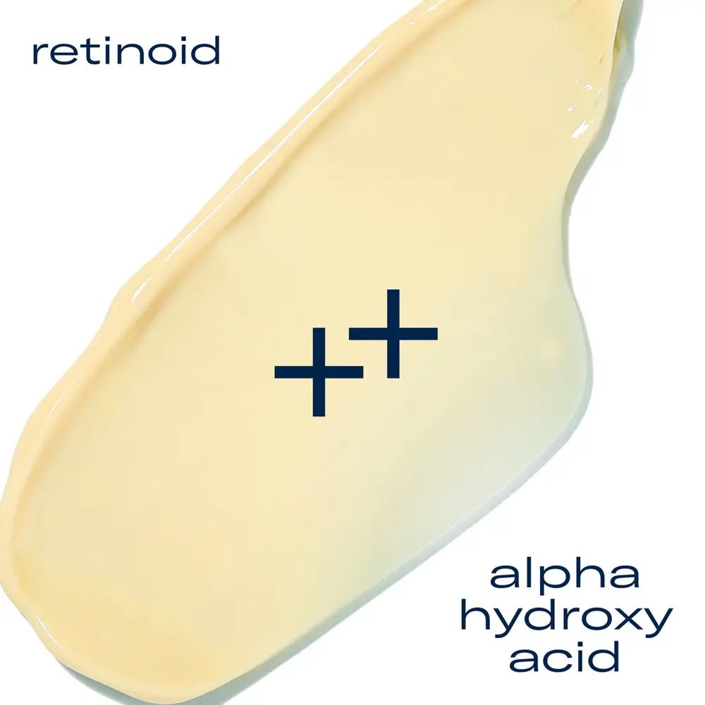 Close-up of SkinBetter AlphaRet Overnight Cream texture with 'retinoid' and 'alpha hydroxy acid' text on a white background.