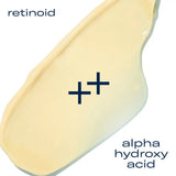 Close-up of SkinBetter AlphaRet Overnight Cream texture with 'retinoid' and 'alpha hydroxy acid' text on a white background.