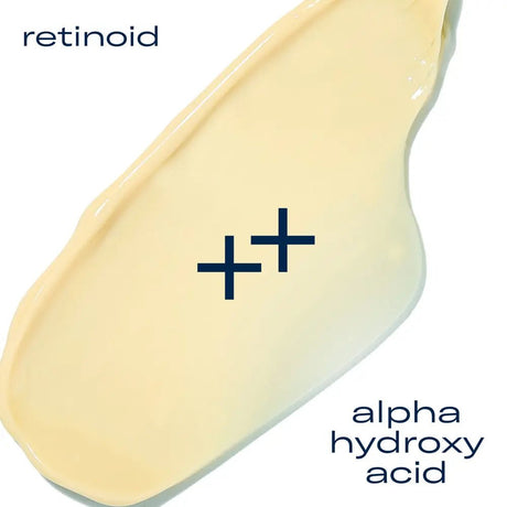 Close-up of SkinBetter AlphaRet Overnight Cream texture with 'retinoid' and 'alpha hydroxy acid' text on a white background.