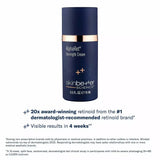 A dark navy blue skincare bottle labeled 'AlphaRet Cream' by skinbetter with a metallic gold band around the middle, shown on a white background with product benefits below.