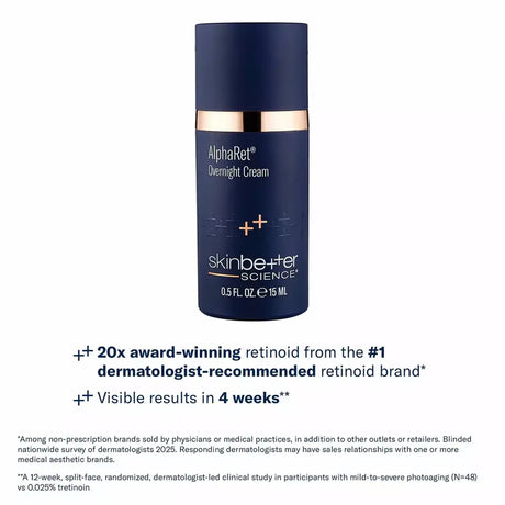 A dark navy blue skincare bottle labeled 'AlphaRet Cream' by skinbetter with a metallic gold band around the middle, shown on a white background with product benefits below.