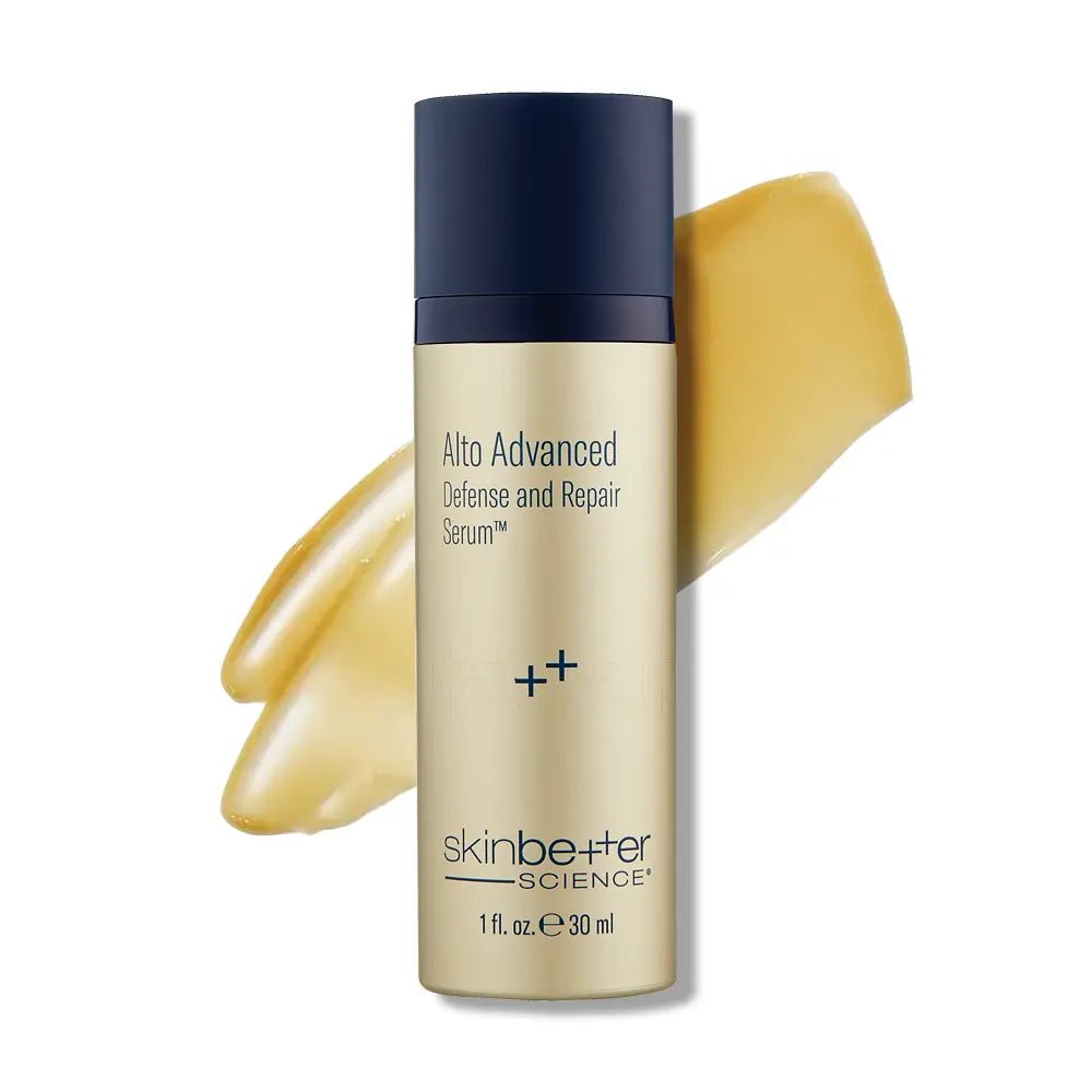 Alto Advanced Defense and Repair Serum bottle with a yellow smear on a white background