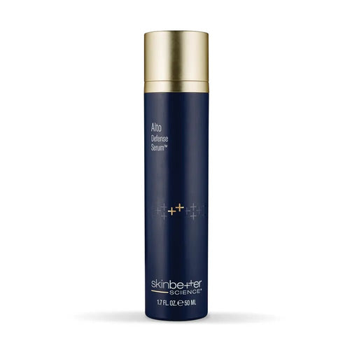 Tall blue pump bottle of SkinBetter Alto Defense Serum