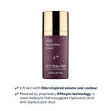 A bottle of skinbetter Ampra Volumizing Macro HA Serum with a metallic gold cap and a deep plum-purple bottle, shown on a white background, with the product benefits below.