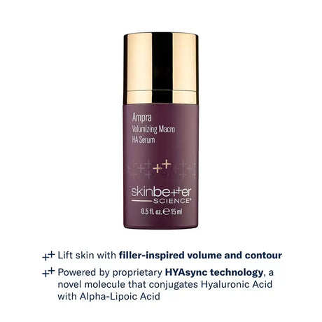 A bottle of skinbetter Ampra Volumizing Macro HA Serum with a metallic gold cap and a deep plum-purple bottle, shown on a white background, with the product benefits below.