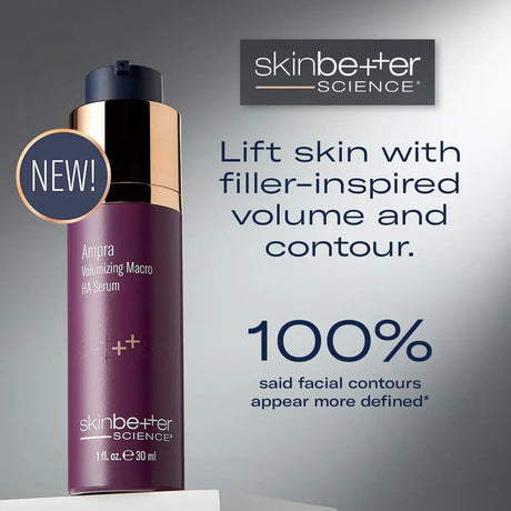 Skinbetter Science Ampra Volumizing Macro HA Serum bottle with promotional text on a gray background