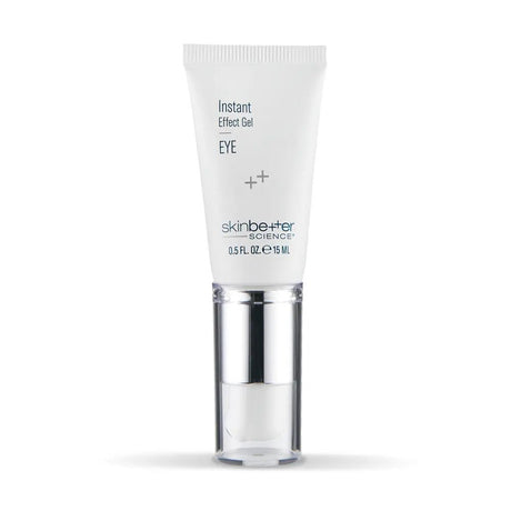 Skincare gel tube labeled 'Instant Effect Gel EYE' by 'skinbetter science' on a white background