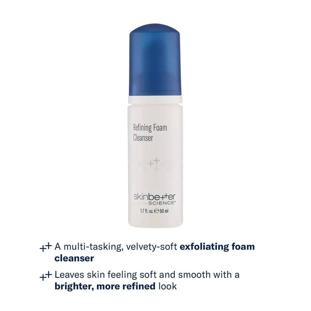 Skinbetter Sciences Refined Foam Cleanser in a white bottle with a blue cap, shown on a white background with product benefits below.