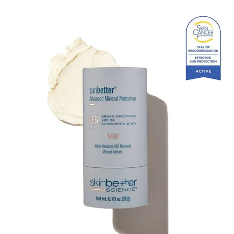 SkinBetter Sunbetter Sheer SPF 56 Sunscreen Stick texture and skin cancer seal