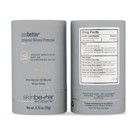 SkinBetter Sunbetter Sheer SPF 56 Sunscreen Stick fron tnad back with drug facts label