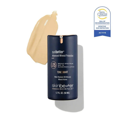 SkinBetter Sunbetter Tone Smart SPF 75 bottle with a swatch of beige color and Skin Cancer Foundation seal on a white background