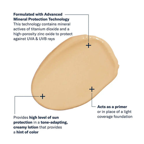 SkinBetter Sunbetter Tone Smart SPF 75 swatch with text about advanced mineral protection technology