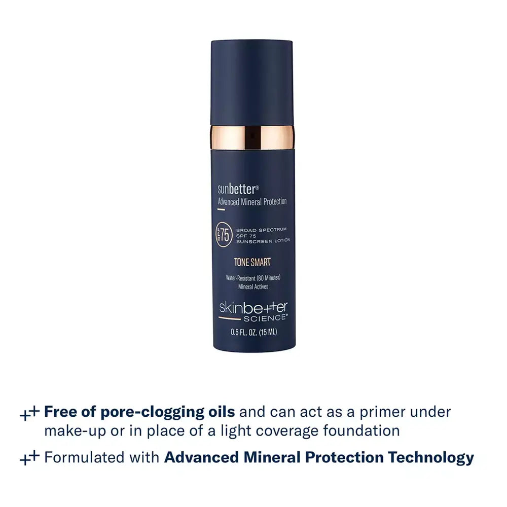 A bottle of Skinbetter Sunbetter Advanced Mineral Protection Tinted Tone Smart SPF 75 Sunscreen Lotion on a white background with product benefits below.