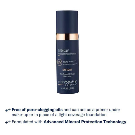 A bottle of Skinbetter Sunbetter Advanced Mineral Protection Tinted Tone Smart SPF 75 Sunscreen Lotion on a white background with product benefits below.