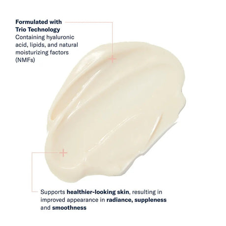 Creamy substance with text about Trio Technology and its benefits on a white background SkinBetter Trio Luxe Moisture Treatment