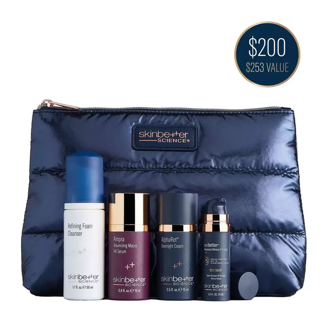 Skinbetter Science Plump and Protect Daily Set featuring a navy blue puffer pouch and four skincare bottles (cleanser, toner, serum, and treatment) displayed on a white background with a '$200 $253 VALUE' badge in the top right corner.