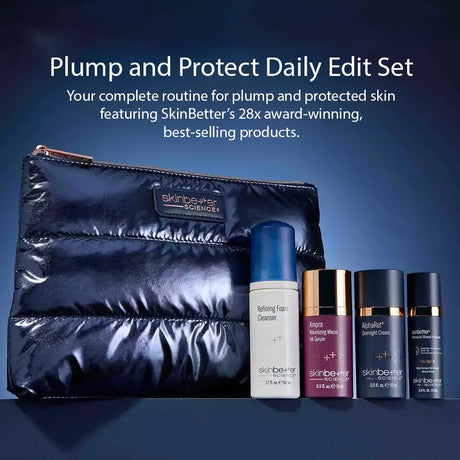 SkinBetter Plump and Protect Daily Edit Set featuring a shiny navy blue puffer pouch and four skincare bottles (Refining Foam Cleanser, Ampere Morning Mist, AlphaBeta Sunscreen Cream, and The Skincare Rescue Balm) on a dark blue gradient background with promotional text.