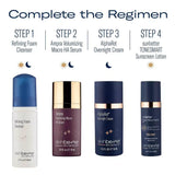 A 'Complete the Regimen' showing four Skinbetter Science products arranged in a row on a white background: Refining Foam Cleanser, Ampra Volumizing Macro HA Serum, AlphaRet Overnight Cream, and Tonesmart Sunscreen Lotion, with step labels and sun/moon icons above each item.