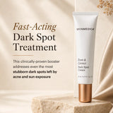 A white tube of SkinMedica Even & Correct Dark Spot Cream with a metallic rose gold cap, with fast-acting dark spot treatment message.