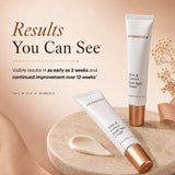 Two SkinMedica Ever & Correct Dark Spot Cream tubes displayed on a beige stone slab with a smear of cream and decorative dried flowers, under the headline 'Results You Can See'.