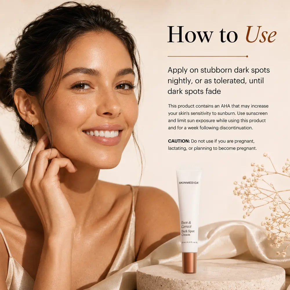 A woman with radiant, sun-kissed skin is shown beside product text reading 'How to Use' and a tube of SkinMedica Even and Correct Dark Spot Cream resting on a draped satin surface.