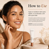 A woman with radiant, sun-kissed skin is shown beside product text reading 'How to Use' and a tube of SkinMedica Even and Correct Dark Spot Cream resting on a draped satin surface.
