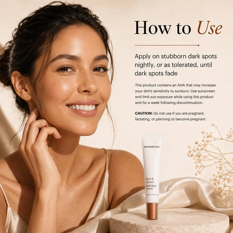 A woman with radiant, sun-kissed skin is shown beside product text reading 'How to Use' and a tube of SkinMedica Even and Correct Dark Spot Cream resting on a draped satin surface.