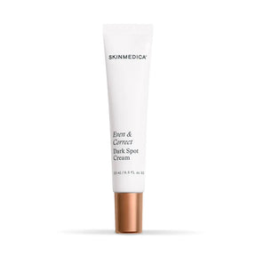 A white squeeze tube of SkinMedica Even and Correct Dark Spot Cream with a metallic rose gold cap, centered on a clean white background.