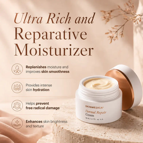Skinmedica Dermal Repair Cream jar with its lid off, set on a textured stone pedestal with promotional text highlighting its repair and moisturizing benefits.