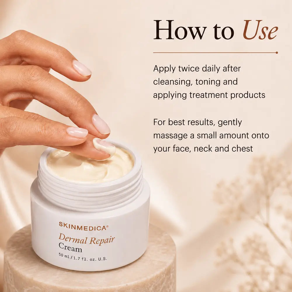 A close-up of a hand applying cream from a white open jar labeled SkinMedica Dermal Repair Cream, with text on the right explaining how to use the product.