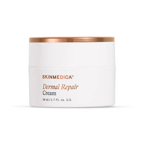 A white cosmetic jar of SKINMEDICA Dermal Repair Cream with a metallic rose gold lid, set against a clean white background.