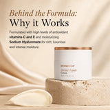 SkinMedica Dermal Repair Cream sits on a stone pedestal, with a smear of cream in front and draped fabric in the background. Text at the top reads, 'Behind the Formula: Why it Works' and describes antioxidant and hyaluronic acid benefits.