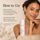 A woman with a radiant complexion is shown beside a white  SkinMedica Essential Defense Mineral Shield SPF 32 Tinted bottle, with text instructions on how to use the product on a warm beige background.