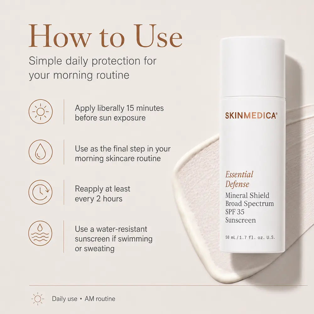 A skincare instruction graphic showing the SkinMedica Essential Defense Mineral Shield Broad Spectrum SPF 35 bottle on a beige background with usage steps and a cream smear behind it.