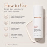 A skincare instruction graphic showing the SkinMedica Essential Defense Mineral Shield Broad Spectrum SPF 35 bottle on a beige background with usage steps and a cream smear behind it.
