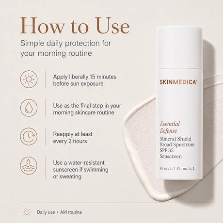 A skincare instruction graphic showing the SkinMedica Essential Defense Mineral Shield Broad Spectrum SPF 35 bottle on a beige background with usage steps and a cream smear behind it.