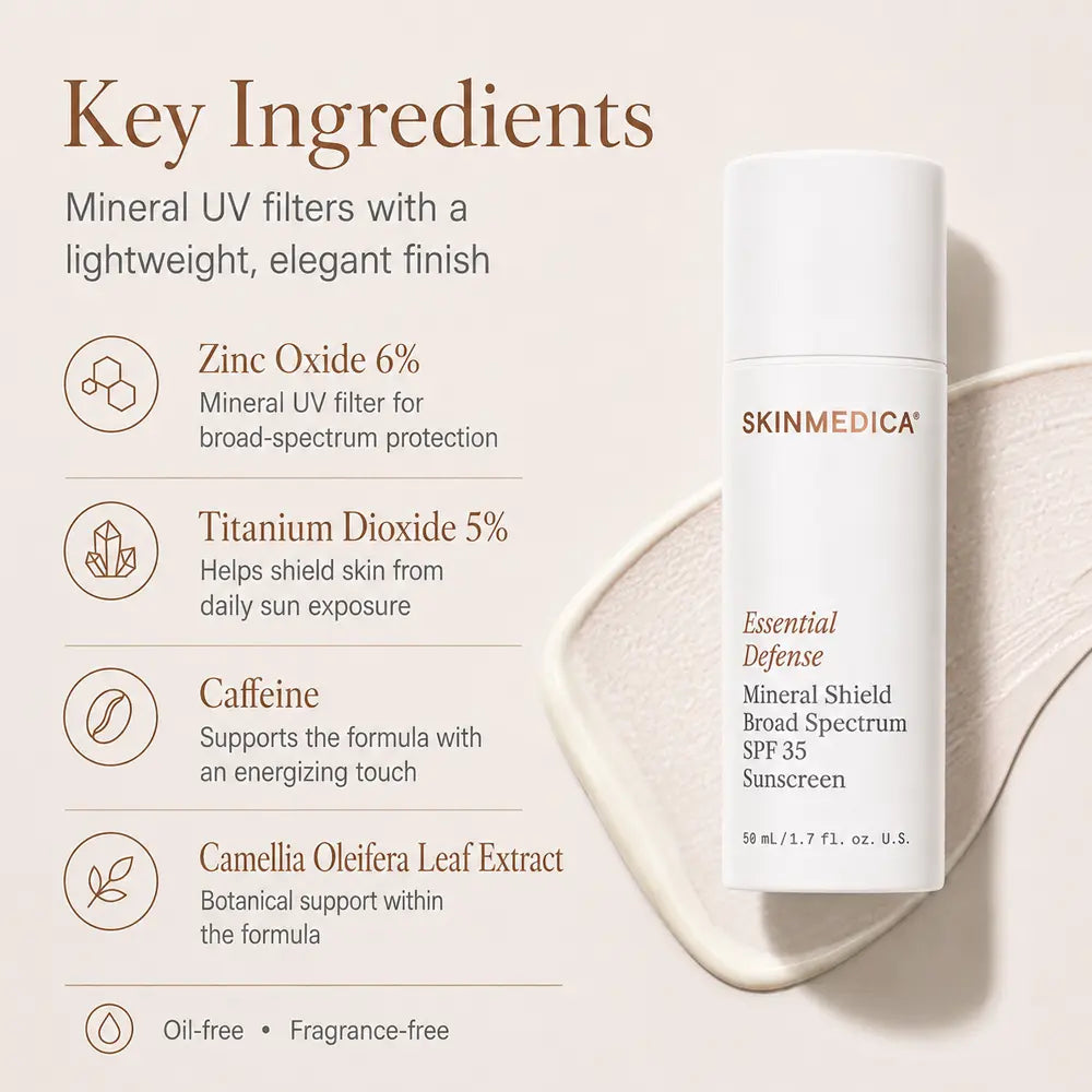 A cosmetic sunscreen bottle labeled SkinMedica Essential Defense Mineral Shield Broad Spectrum SPF 35 Sunscreen, with key ingredients including zinc oxide, titanium dioxide, caffeine, and camellia oleifera leaf extract on a warm beige background.