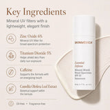 A cosmetic sunscreen bottle labeled SkinMedica Essential Defense Mineral Shield Broad Spectrum SPF 35 Sunscreen, with key ingredients including zinc oxide, titanium dioxide, caffeine, and camellia oleifera leaf extract on a warm beige background.