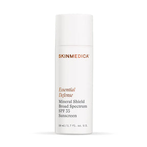 A bottle of SkinMedica Essential Defense Mineral Shield Broad Spectrum SPF 35 Sunscreen, shown against a plain white background.