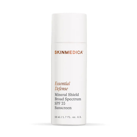 A bottle of SkinMedica Essential Defense Mineral Shield Broad Spectrum SPF 35 Sunscreen, shown against a plain white background.