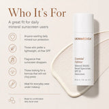 A bottle of SkinMedica Essential Defense Mineral Shield Broad Spectrum SPF 35, shown beside a beige smear on a light beige background with marketing text reading 'Who It's For' and feature icons.
