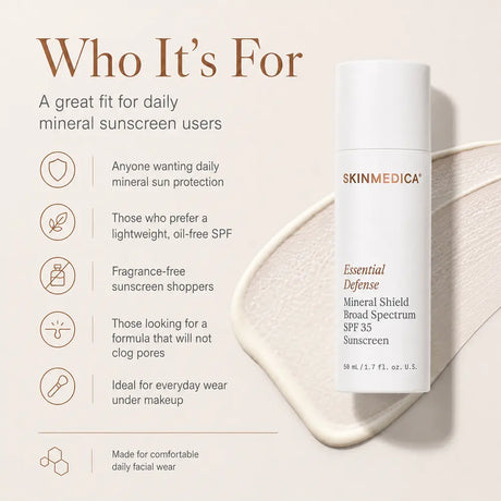 A bottle of SkinMedica Essential Defense Mineral Shield Broad Spectrum SPF 35, shown beside a beige smear on a light beige background with marketing text reading 'Who It's For' and feature icons.