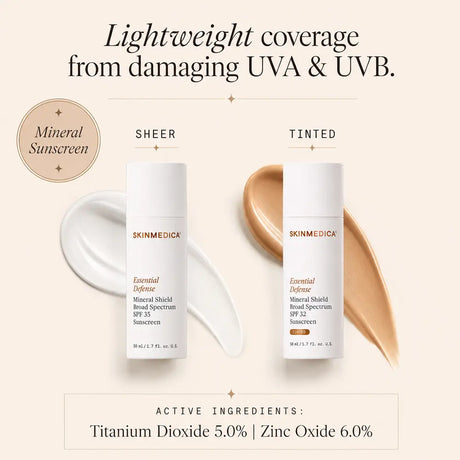 A comparison between SkinMedica  SkinMedica Essential Defense Mineral Shield SPF 35 Untinted and SkinMedica Essential Defense Mineral Shield SPF 32 Tinted