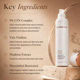 A skincare bottle labeled SKINMEDICA Even & Correct Advanced Brightening Treatment stands on a stone pedestal beside its cap, with text on the left describing key ingredients against a warm beige background.